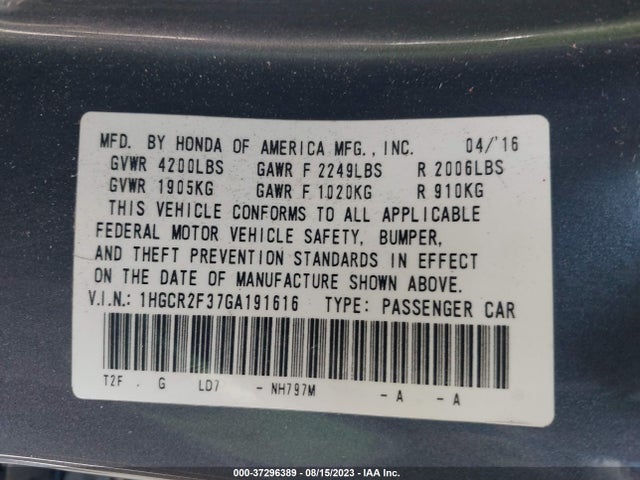 Honda Accord Sedan Lx 2016 1HGCR2F37GA191616 Image 16