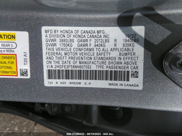 2022 HONDA CIVIC SEDAN SPORT VIN: 2HGFE2F58NH607052