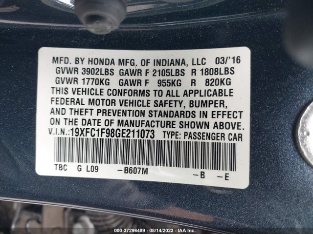Honda Civic Touring 2016 19XFC1F98GE211073 Image 9