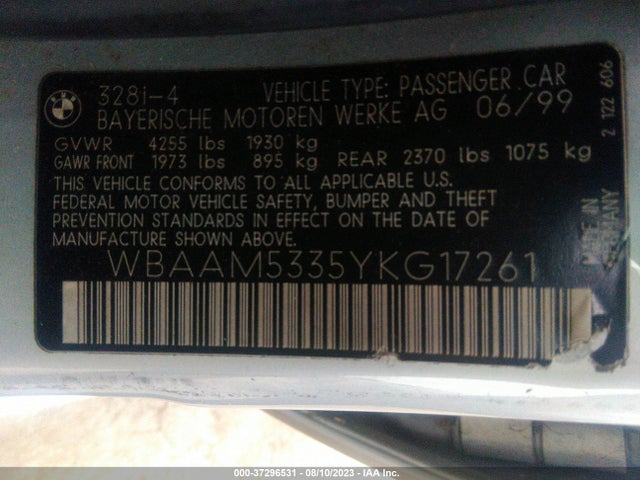 2000 BMW 3 SERIES 328I VIN: WBAAM5335YKG17261