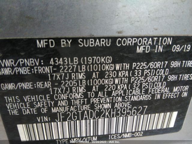 JF2GTADC2KH395627 Subaru Crosstrek Premium