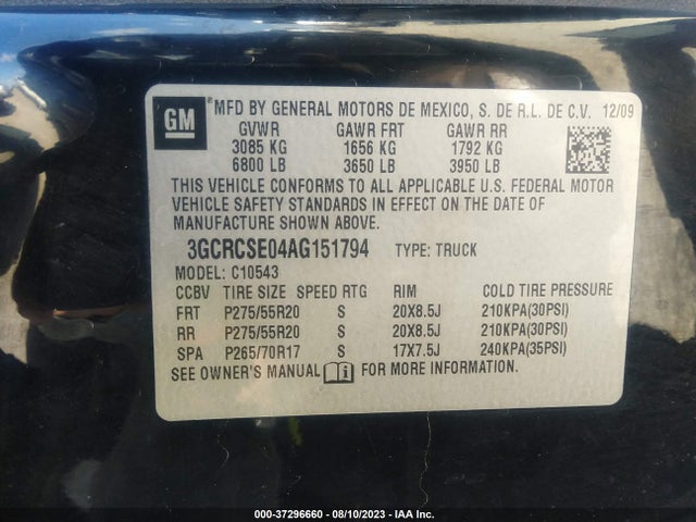 2010 CHEVROLET SILVERADO 1500 LT VIN: 3GCRCSE04AG151794