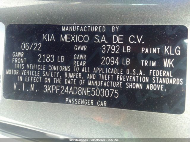 3KPF24AD8NE503075 KIA Forte Lxs