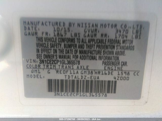 3N1CE2CP1GL365578 Nissan Versa Note S/s Plus/sv/sr/sl