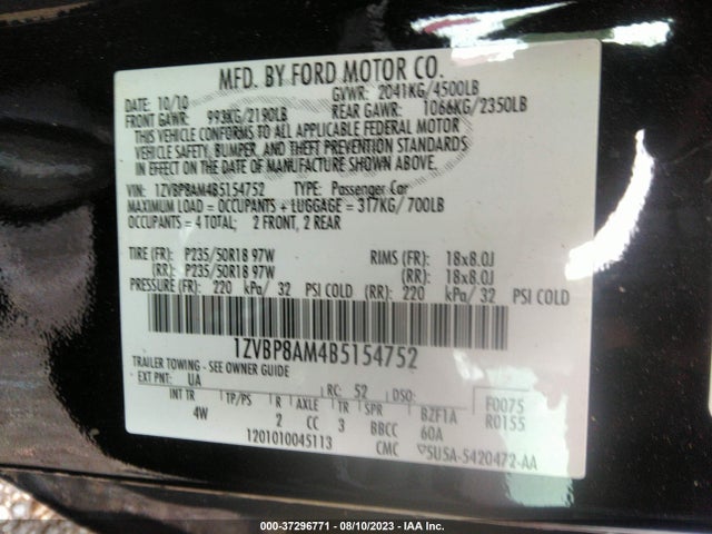 2011 FORD MUSTANG V6 VIN: 1ZVBP8AM4B5154752