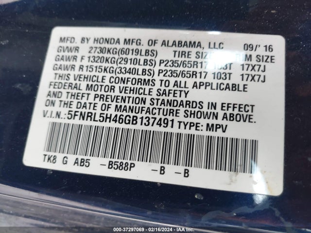 Honda ODYSSEY EX 2016 5FNRL5H46GB137491 Image 9