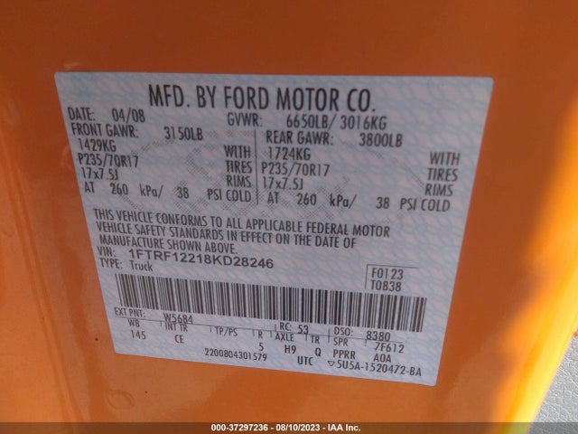 2008 FORD F-150 XL/STX/XLT VIN: 1FTRF12218KD28246