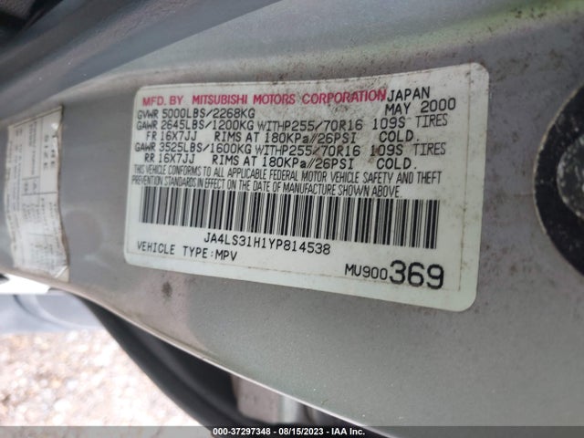 2000 MITSUBISHI MONTERO SPORT LS/XLS VIN: JA4LS31H1YP814538