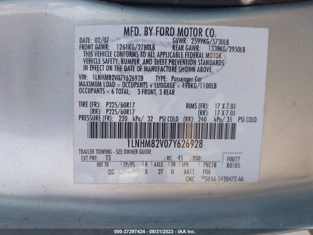 2007 LINCOLN TOWN CAR VIN: 1LNHM82V07Y626928