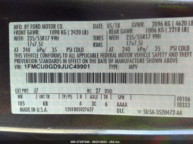 1FMCU0GD9JUC49901 Ford ESCAPE SE