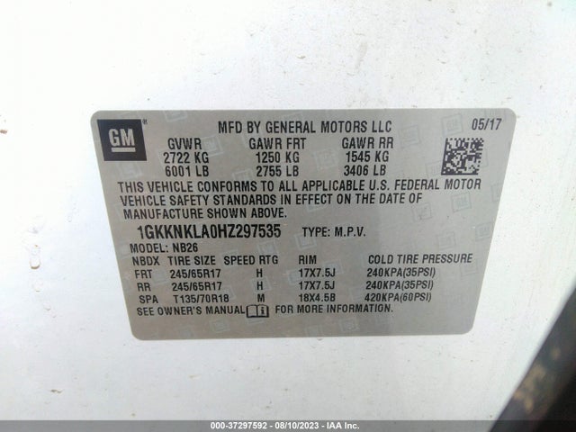 GMC ACADIA SLE 2017 1GKKNKLA0HZ297535 Image 9