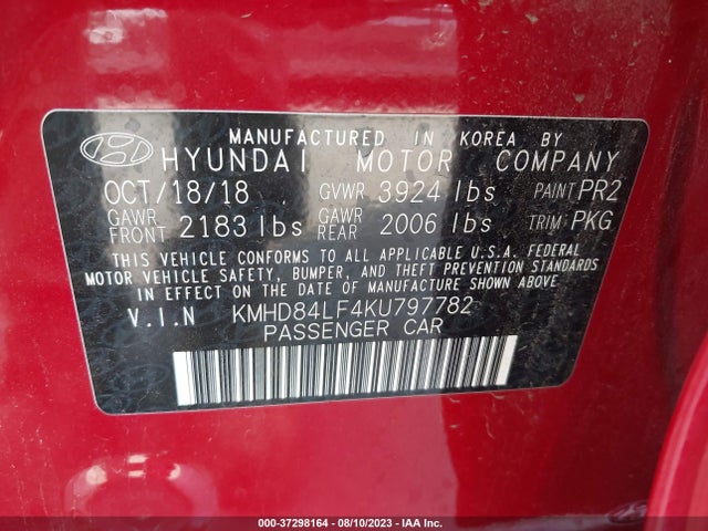 2019 HYUNDAI ELANTRA SEL VIN: KMHD84LF4KU797782