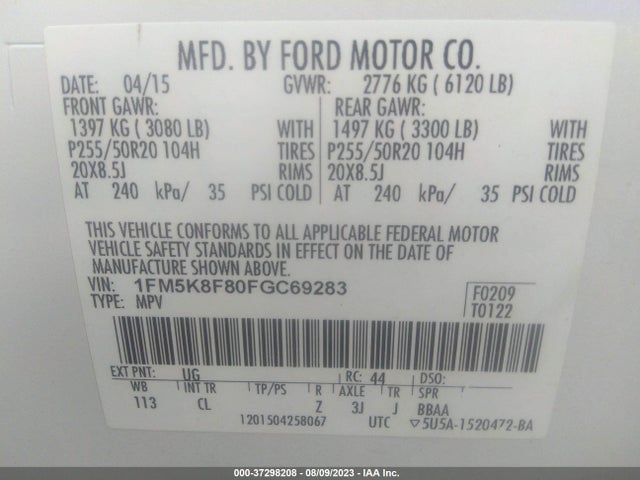 2015 FORD EXPLORER LIMITED VIN: 1FM5K8F80FGC69283