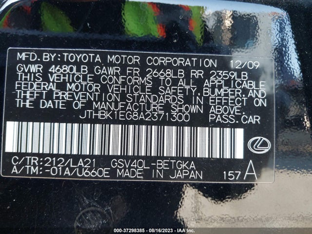 Продажа на аукционе авто 2010 Lexus Es 350, vin: JTHBK1EG8A2371300, номер лота: 37298385
