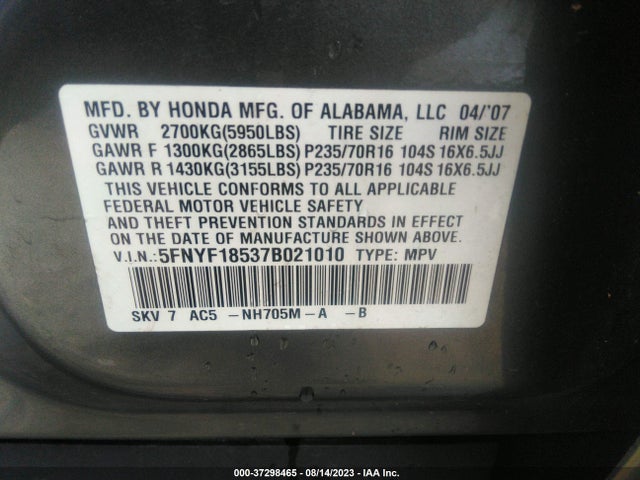 2007 HONDA PILOT EX-L VIN: 5FNYF18537B021010
