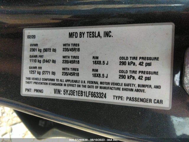 2020 TESLA MODEL 3 LONG RANGE VIN: 5YJ3E1EB1LF663324