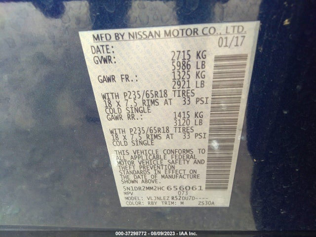 2017 NISSAN PATHFINDER SV VIN: 5N1DR2MM2HC656061