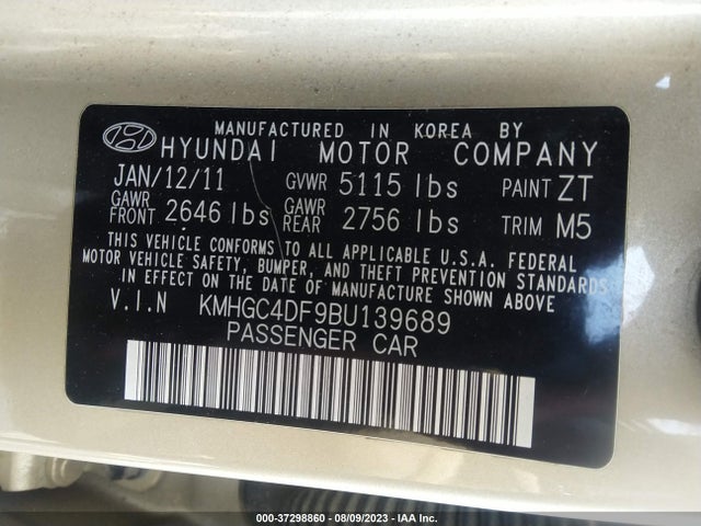 2011 HYUNDAI GENESIS VIN: KMHGC4DF9BU139689