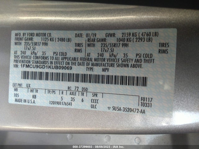 2019 FORD ESCAPE SE VIN: 1FMCU9GD1KUB09069