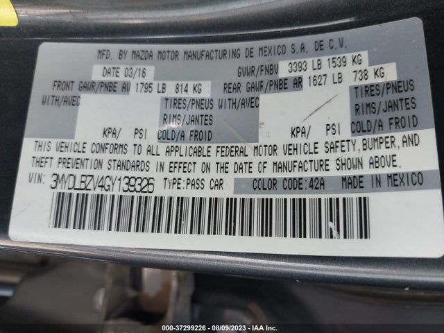 2016 SCION IA VIN: 3MYDLBZV4GY139326