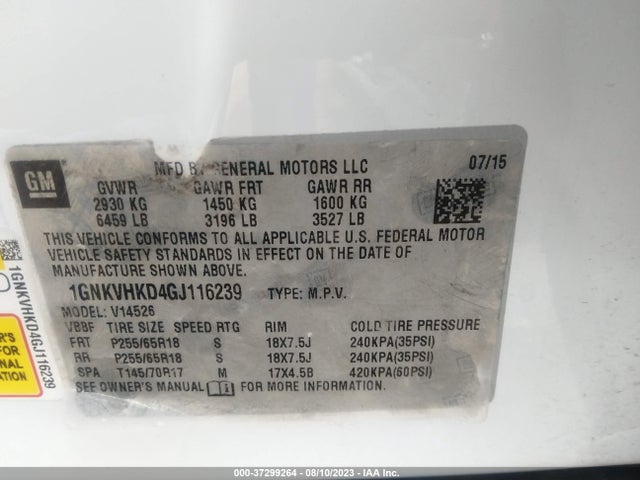 Chevrolet Traverse Lt 2016 1GNKVHKD4GJ116239 Image 9