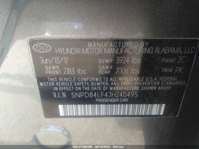 2018 HYUNDAI ELANTRA SEL VIN: 5NPD84LF4JH240495