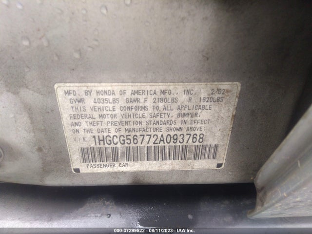 2002 HONDA ACCORD SDN SE VIN: 1HGCG56772A093768