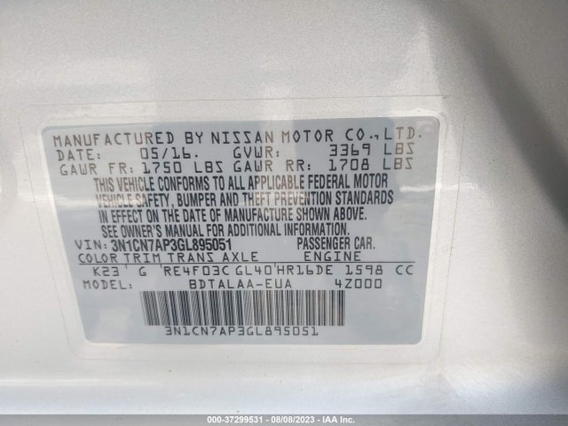 Nissan VERSA S 2016 3N1CN7AP3GL895051 Image 9