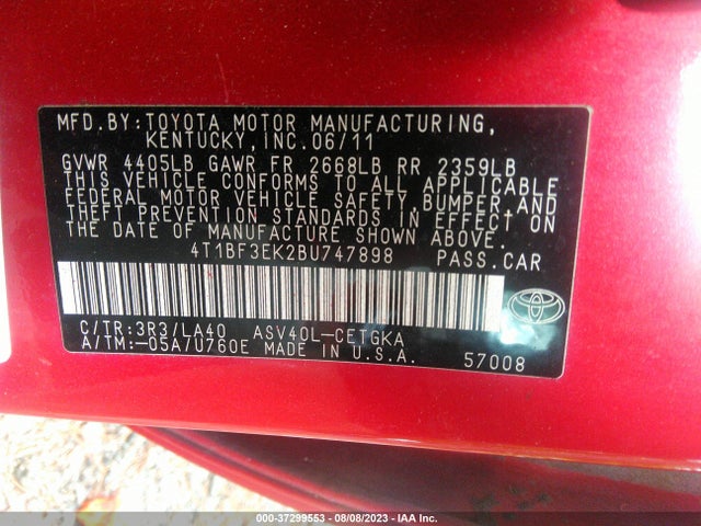 2011 TOYOTA CAMRY VIN: 4T1BF3EK2BU747898