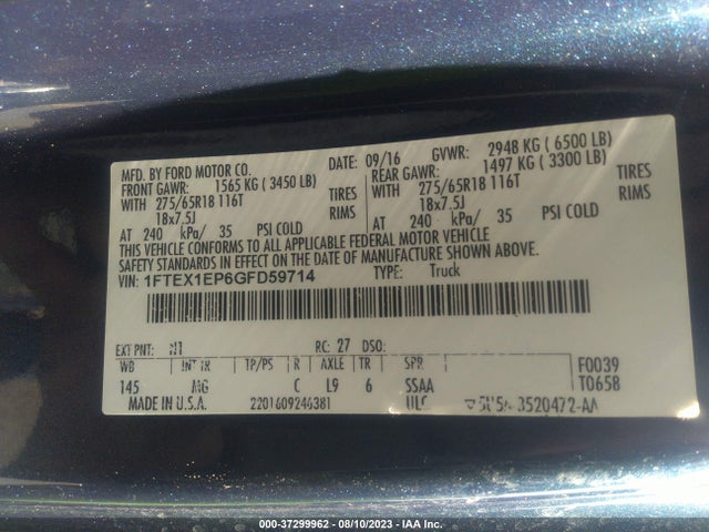 2016 FORD F-150 XLT/XL/LARIAT VIN: 1FTEX1EP6GFD59714