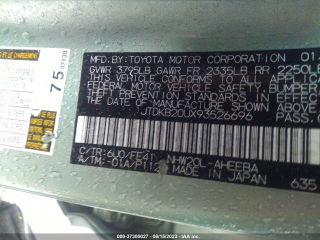 2009 TOYOTA PRIUS VIN: JTDKB20UX93526696