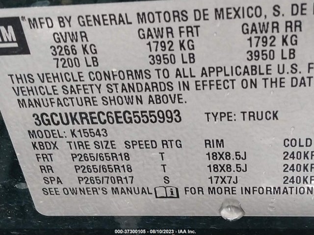 2014 CHEVROLET SILVERADO 1500 LT VIN: 3GCUKREC6EG555993