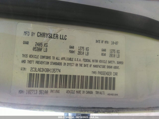 2008 CHRYSLER 300 C HEMI VIN: 2C3LA63H38H135774
