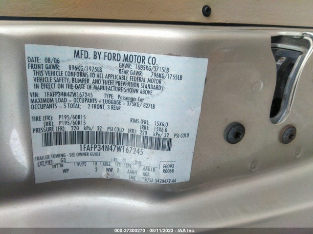 2007 FORD FOCUS S/SE/SES VIN: 1FAFP34N47W167245