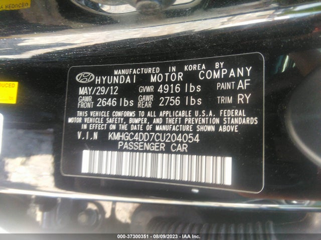 2012 HYUNDAI GENESIS 3.8L VIN: KMHGC4DD7CU204054