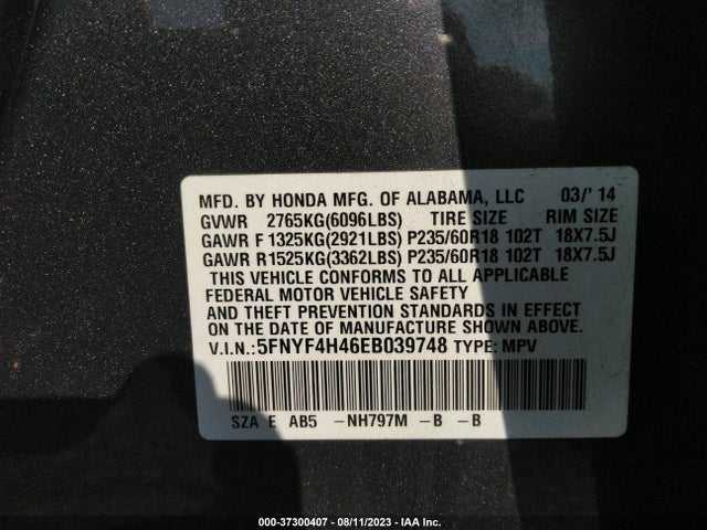 Honda Pilot Ex 2014 5FNYF4H46EB039748 Image 9