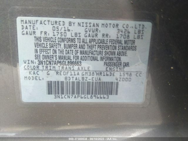 3N1CN7AP6GL896663 Nissan Versa S/s Plus/sl/sv