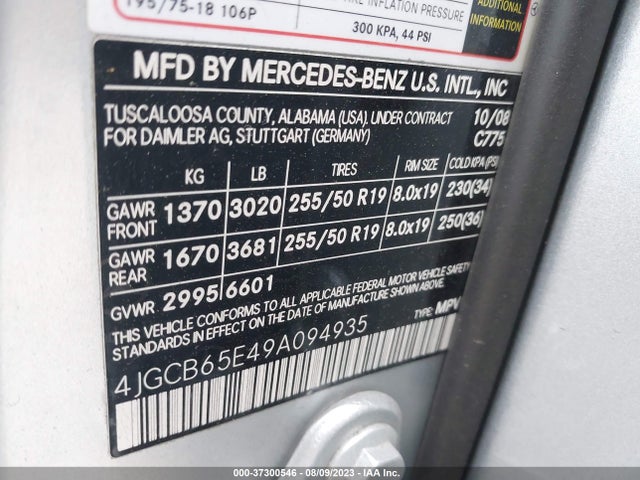 2009 MERCEDES-BENZ R-CLASS 3.5L VIN: 4JGCB65E49A094935