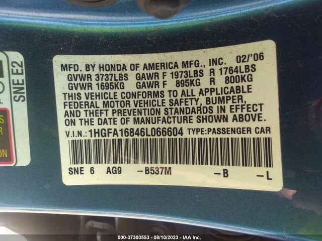 2006 HONDA CIVIC SDN EX VIN: 1HGFA16846L066604
