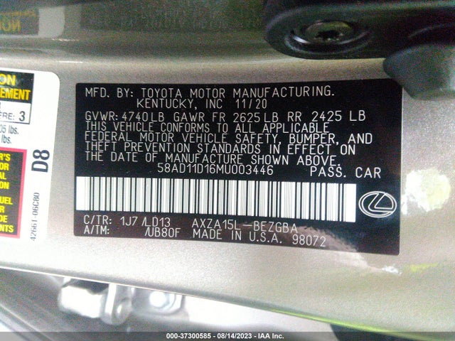 2021 Lexus ES, VIN: 58AD11D16MU003446