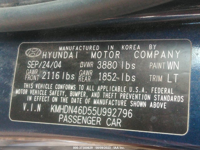 2005 HYUNDAI ELANTRA GLS/GT VIN: KMHDN46D55U992796