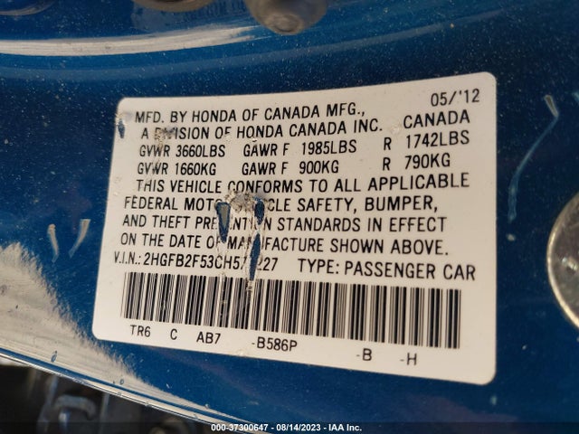 2012 HONDA CIVIC SDN LX VIN: 2HGFB2F53CH571227