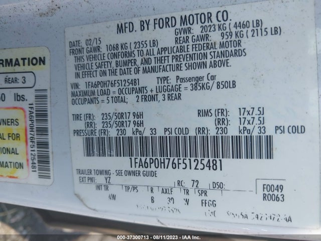 2015 FORD FUSION SE VIN: 1FA6P0H76F5125481
