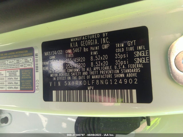 2022 KIA SORENTO SX VIN: 5XYRKDLF8NG124902