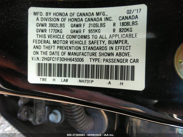 2017 HONDA CIVIC SEDAN EX-T VIN: 2HGFC1F30HH645006