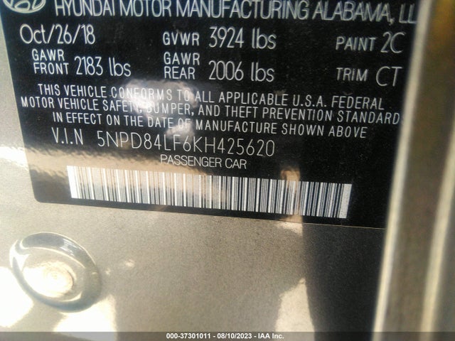 2019 HYUNDAI ELANTRA SEL VIN: 5NPD84LF6KH425620