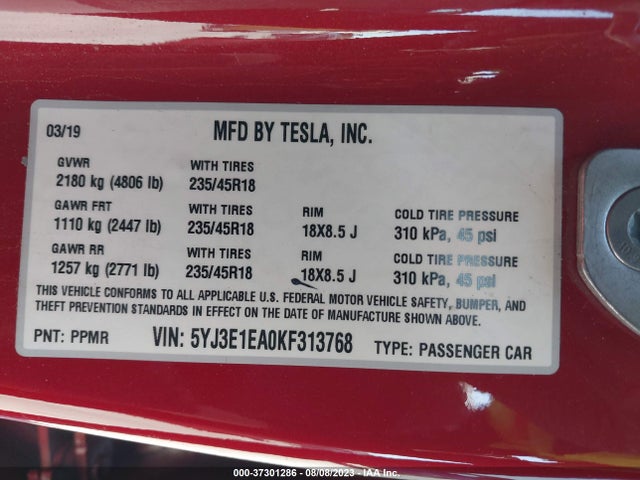 Tesla Model 3 Range 2019 5YJ3E1EA0KF313768 Image 9