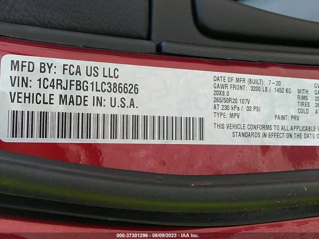 1C4RJFBG1LC386626 Jeep Grand Cherokee Limited X