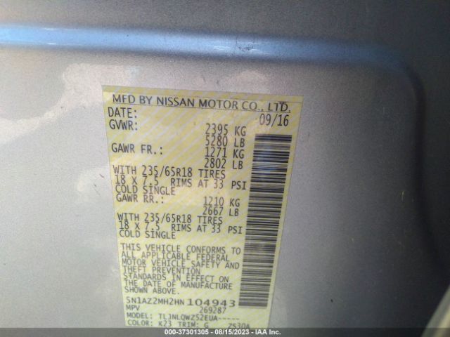 5N1AZ2MH2HN104943 Nissan Murano S/sv/sl/platinum