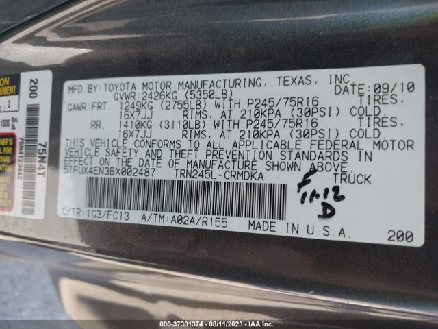 2011 TOYOTA TACOMA VIN: 5TFUX4EN3BX002487